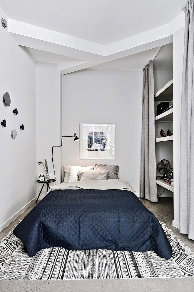 Идея дизайна: гостевая спальня среднего размера, (комната для гостей) в скандинавском стиле с белыми стенами без камина