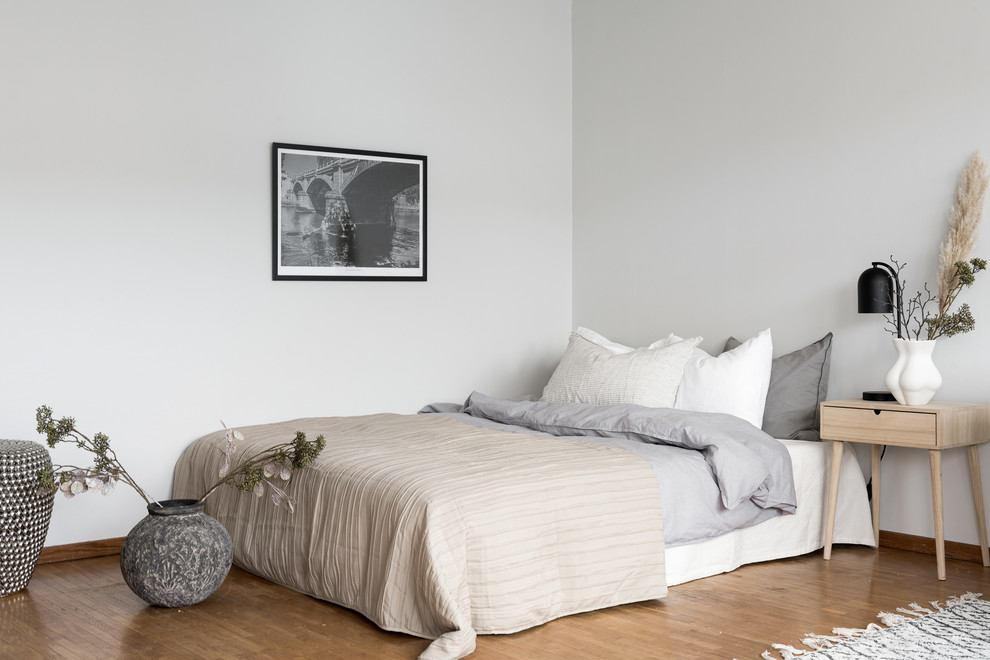 Exempel på ett litet minimalistiskt huvudsovrum, med vita väggar och mellanmörkt trägolv