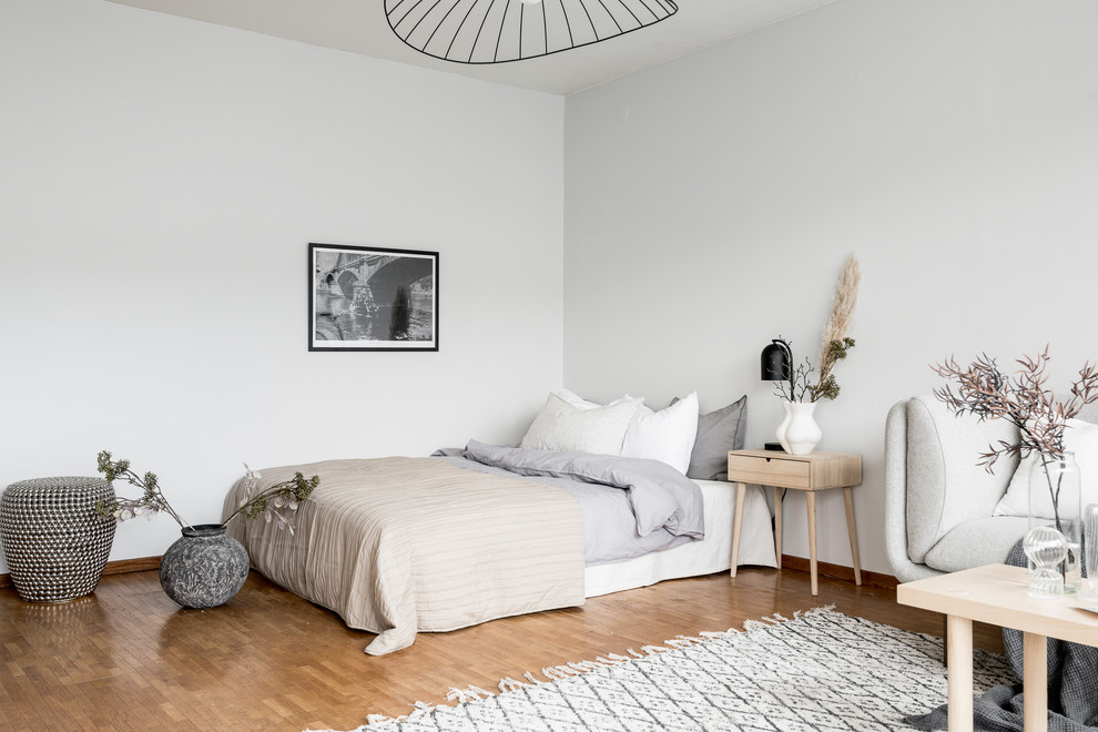 Inspiration för små minimalistiska huvudsovrum, med vita väggar och mellanmörkt trägolv