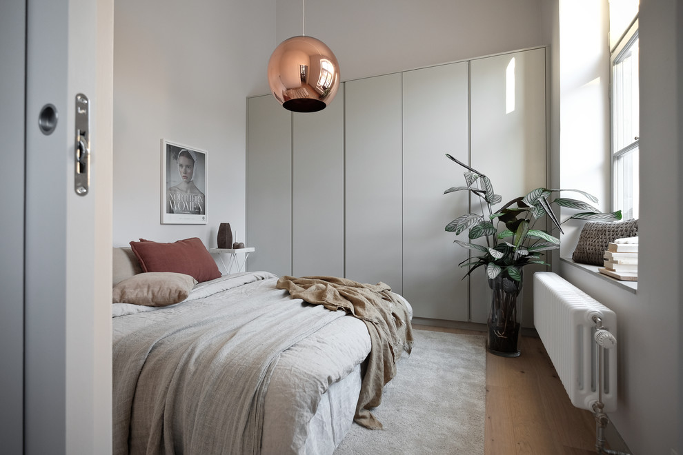Photo of a medium sized scandi master bedroom in Stockholm with grey walls and light hardwood flooring.