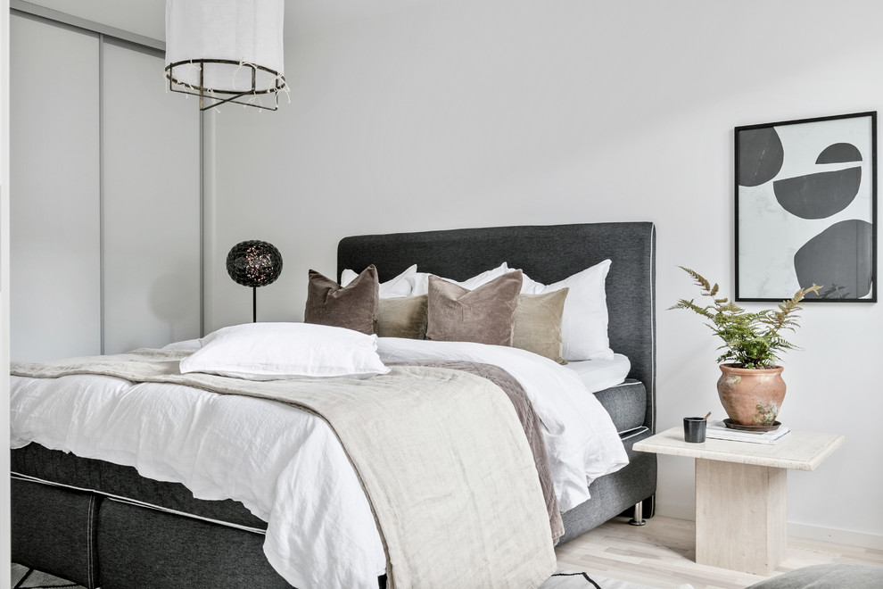 Esempio di una camera da letto scandinava con pareti bianche, parquet chiaro e pavimento beige