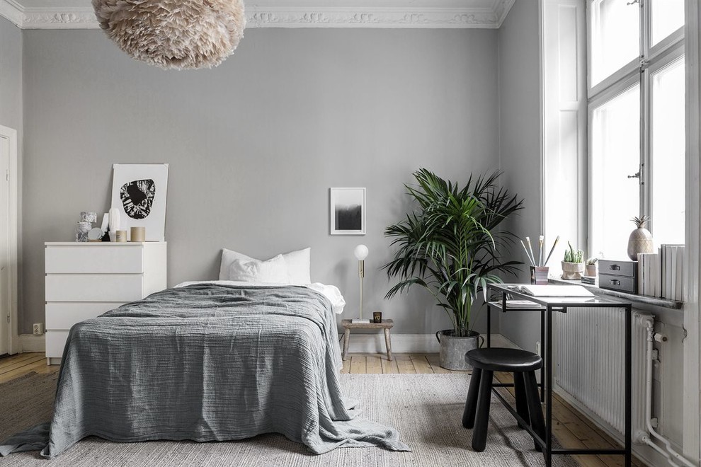 Aménagement d'une grande chambre parentale scandinave avec un mur gris et parquet clair.