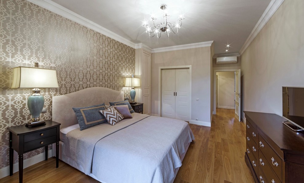 Bedroom - mid-sized contemporary master medium tone wood floor bedroom idea in Moscow with gray walls