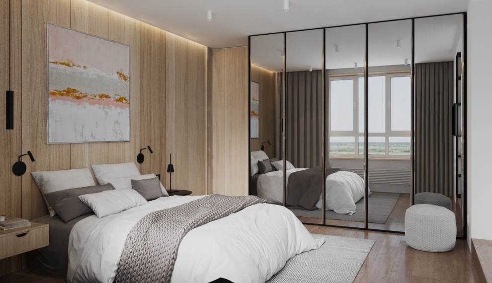 Imagen de dormitorio principal actual de tamaño medio con paredes blancas, suelo vinílico y suelo beige