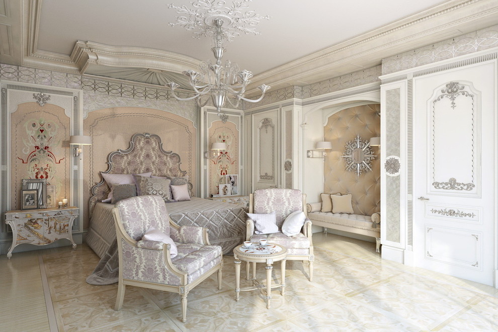 Идея дизайна: большая хозяйская спальня в классическом стиле с бежевыми стенами и мраморным полом