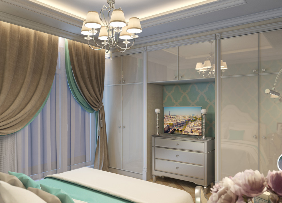 Inspiration for a medium sized traditional master bedroom in Other with beige walls and light hardwood flooring.