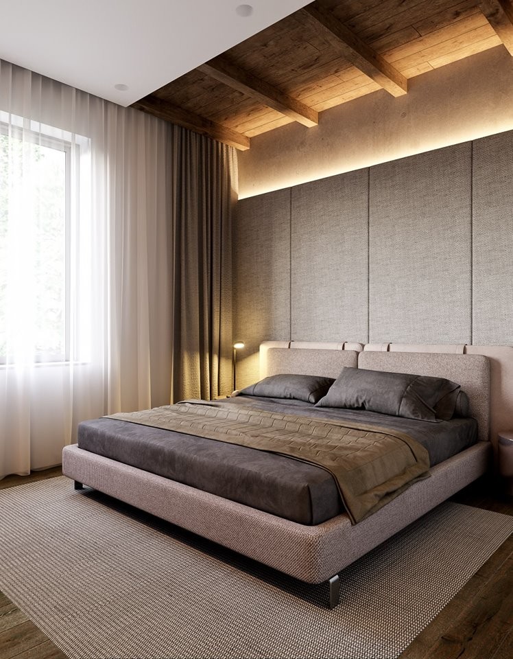 На фото: гостевая спальня среднего размера, (комната для гостей) в современном стиле с серыми стенами, темным паркетным полом, коричневым полом и кроватью в нише без камина с