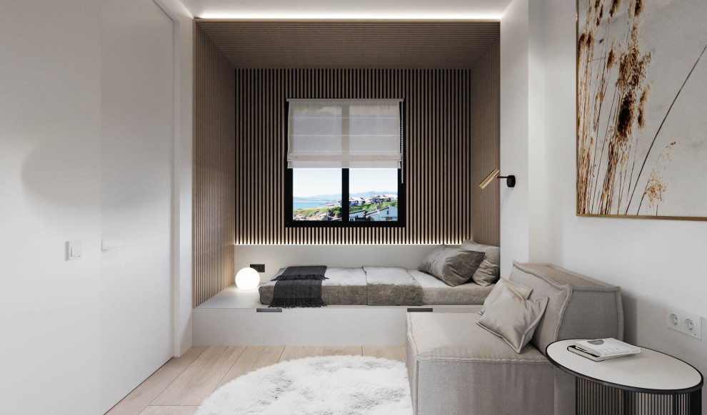 Example of a small trendy guest porcelain tile, beige floor and wall paneling bedroom design in Valencia with white walls