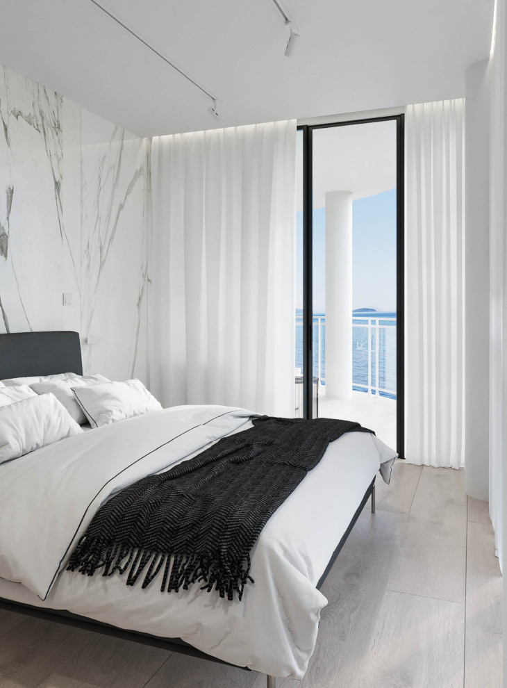 Imagen de habitación de invitados contemporánea pequeña con paredes blancas, suelo de baldosas de porcelana, suelo beige y boiserie