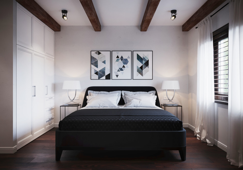 Mid-sized trendy guest dark wood floor and brown floor bedroom photo in Barcelona with white walls