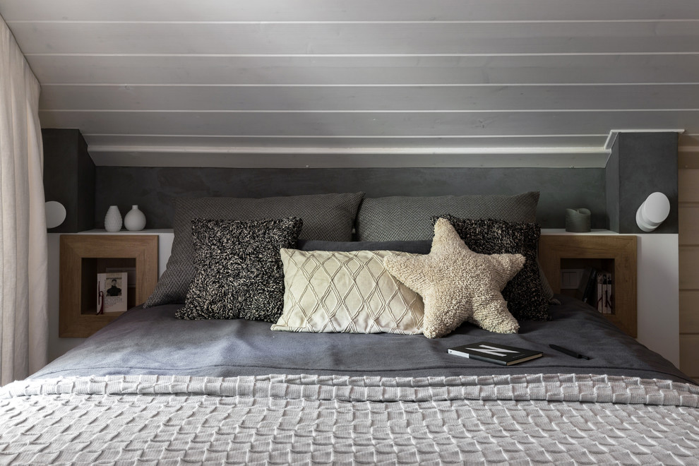 Пример оригинального дизайна: спальня среднего размера в скандинавском стиле