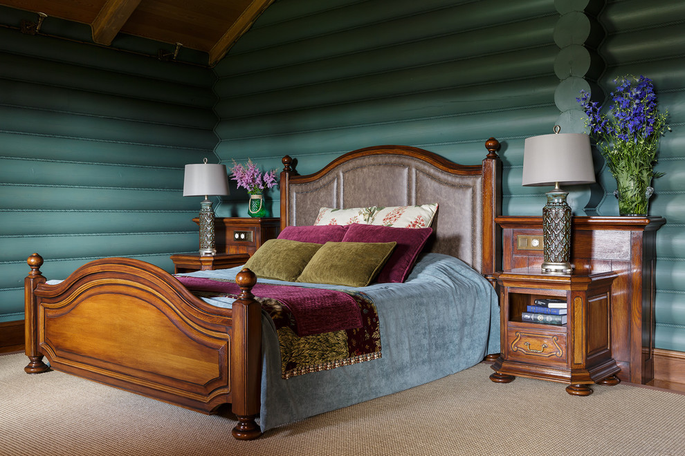 Стильный дизайн: хозяйская спальня в стиле кантри с зелеными стенами - последний тренд
