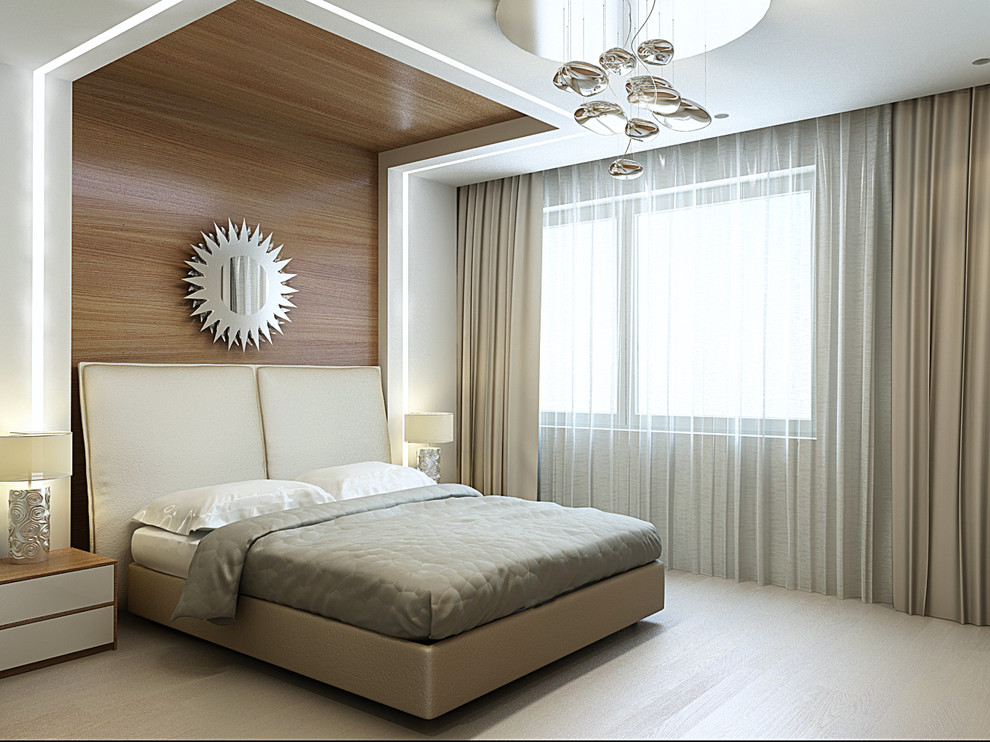 Ejemplo de dormitorio principal actual de tamaño medio con paredes blancas y suelo de madera clara