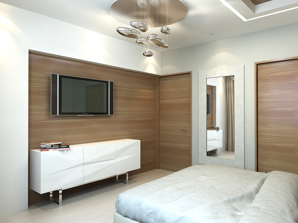 На фото: хозяйская спальня среднего размера в современном стиле с белыми стенами и светлым паркетным полом
