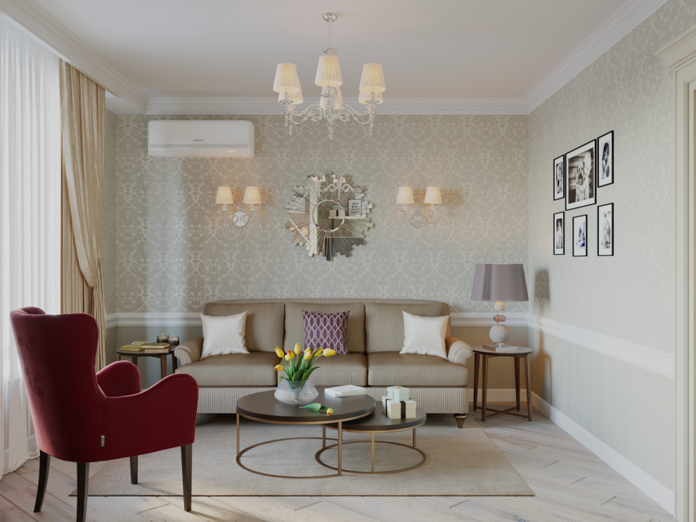 Idée de décoration pour un salon design de taille moyenne avec un mur blanc, sol en stratifié, un sol beige et du papier peint.