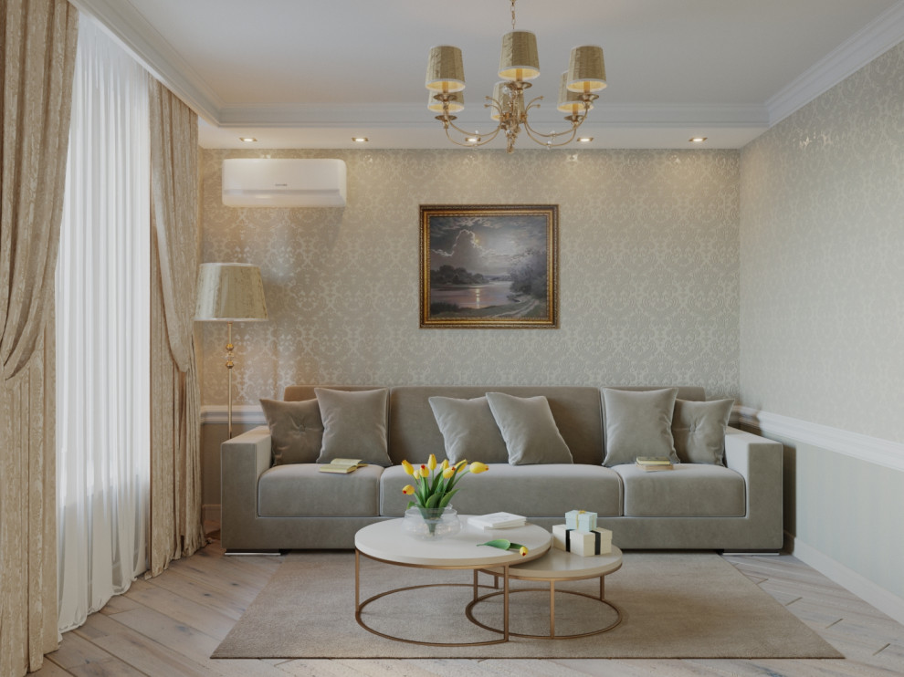 Diseño de habitación de invitados actual de tamaño medio con paredes blancas, suelo laminado, suelo beige y papel pintado