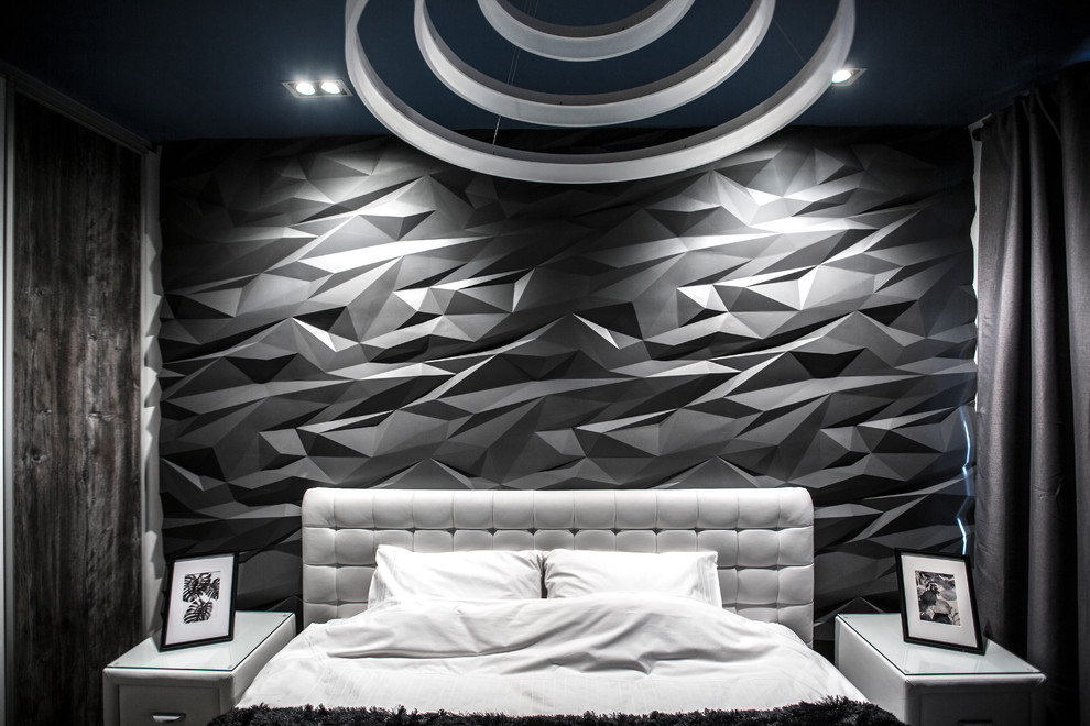 Источник вдохновения для домашнего уюта: хозяйская спальня в современном стиле с черными стенами