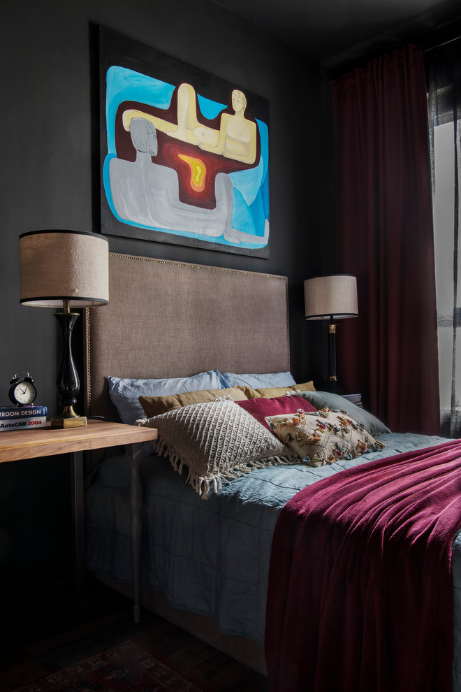 Bedroom - mid-sized industrial master laminate floor and brown floor bedroom idea in Moscow with black walls
