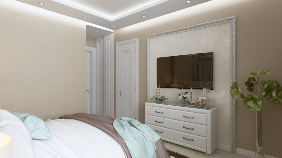 Идея дизайна: хозяйская спальня среднего размера в стиле неоклассика (современная классика) с бежевыми стенами, паркетным полом среднего тона и бежевым полом без камина