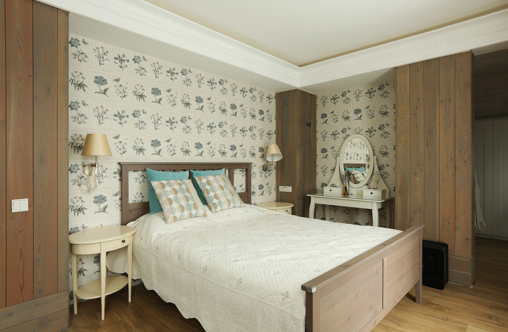 Пример оригинального дизайна: спальня в скандинавском стиле с паркетным полом среднего тона