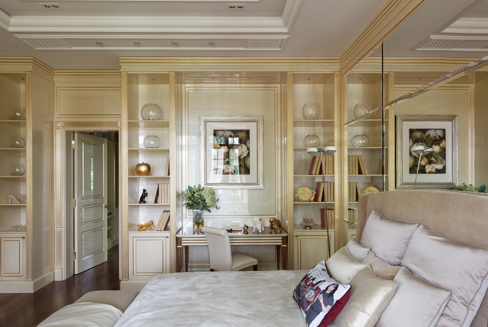 Bedroom - traditional medium tone wood floor and brown floor bedroom idea in Moscow with beige walls