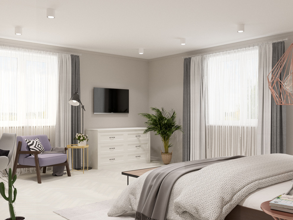 На фото: хозяйская спальня среднего размера в скандинавском стиле с серыми стенами с
