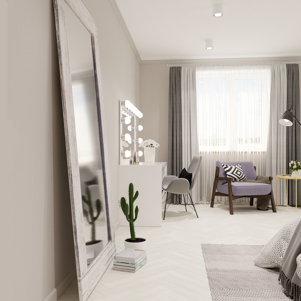 Свежая идея для дизайна: хозяйская спальня среднего размера в скандинавском стиле с серыми стенами - отличное фото интерьера