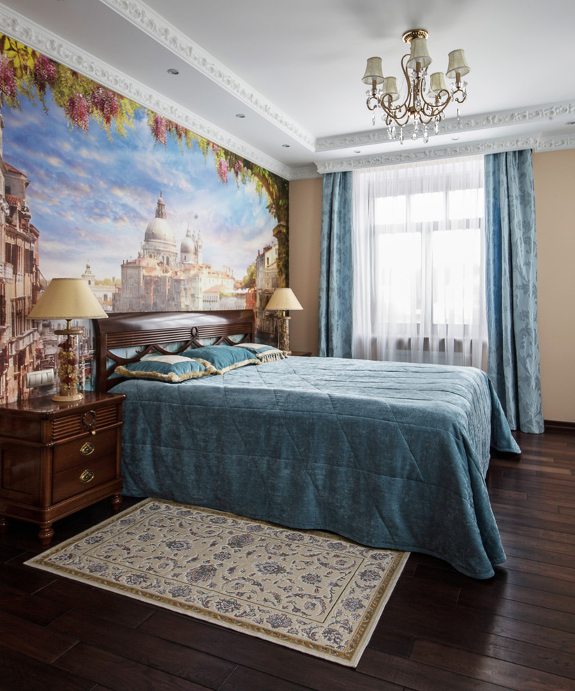 Inspiration for a classic bedroom in Other with multi-coloured walls and dark hardwood flooring.
