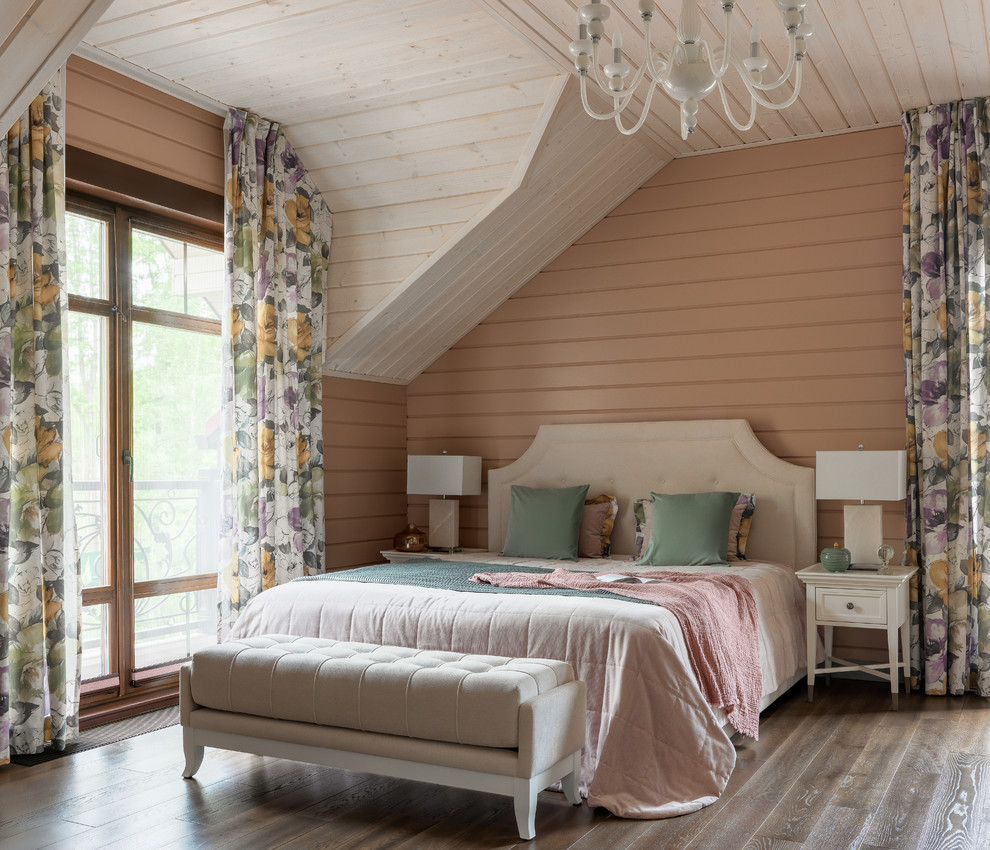 Inspiration for a rustic master bedroom in Moscow with brown floors, pink walls, dark hardwood flooring and feature lighting.