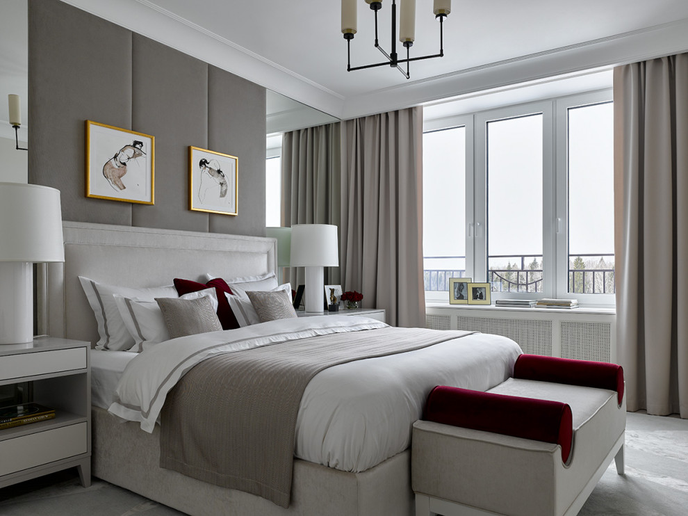 Ispirazione per una camera da letto classica con pareti grigie, moquette e pavimento grigio