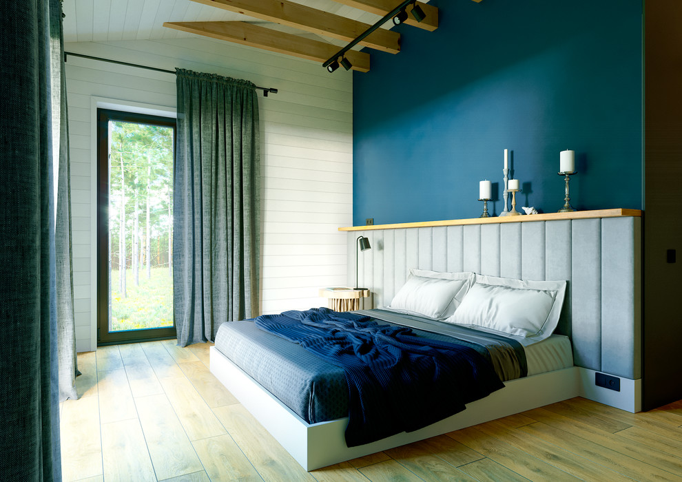 Exempel på ett mellanstort skandinaviskt huvudsovrum, med blå väggar, klinkergolv i porslin och gult golv