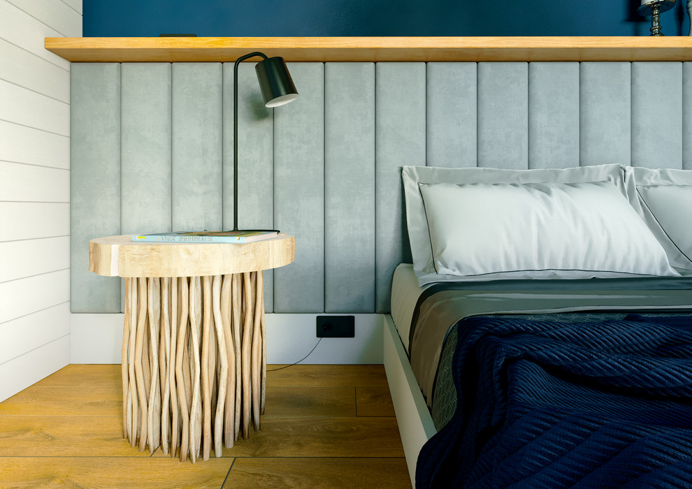 Источник вдохновения для домашнего уюта: хозяйская спальня среднего размера в скандинавском стиле с синими стенами, полом из керамогранита и желтым полом