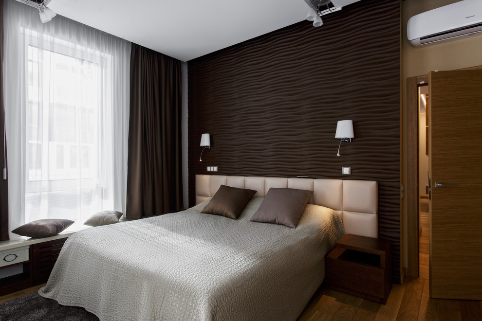 Photo of a medium sized contemporary master bedroom in Saint Petersburg with beige walls, medium hardwood flooring, no fireplace and beige floors.
