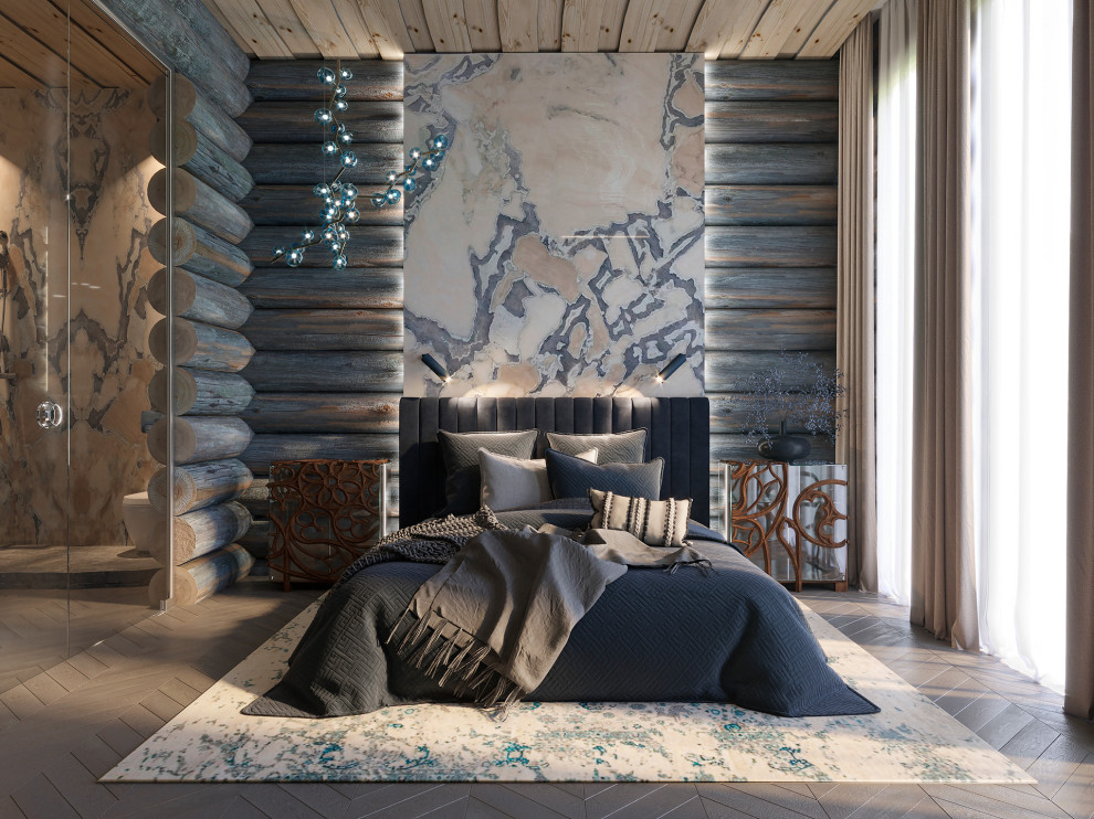 На фото: хозяйская спальня среднего размера в современном стиле с бежевым полом, деревянными стенами, коричневыми стенами, паркетным полом среднего тона и деревянным потолком с