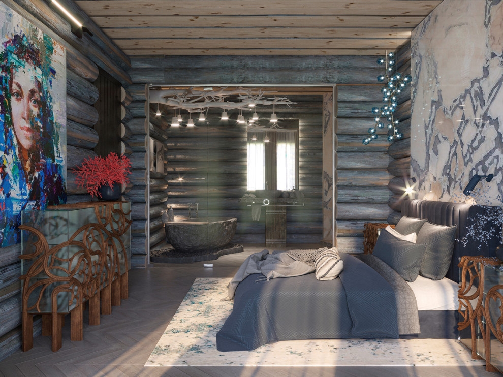 Idée de décoration pour une chambre parentale design en bois de taille moyenne avec un mur marron, un sol en bois brun, un plafond en bois et un sol beige.