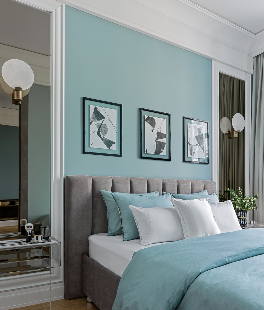Inspiration for a contemporary grey and teal bedroom in Moscow.