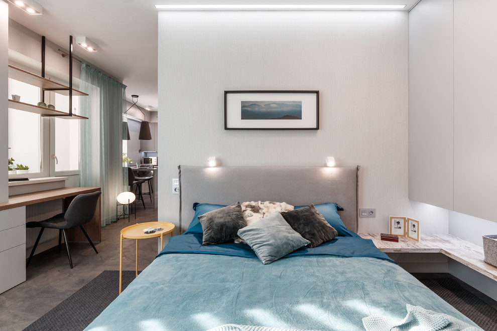 Kleines Modernes Schlafzimmer mit grauer Wandfarbe und grauem Boden in Sonstige