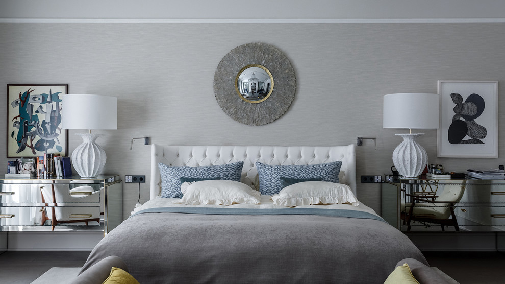 This is an example of a contemporary master bedroom in Moscow with grey walls.