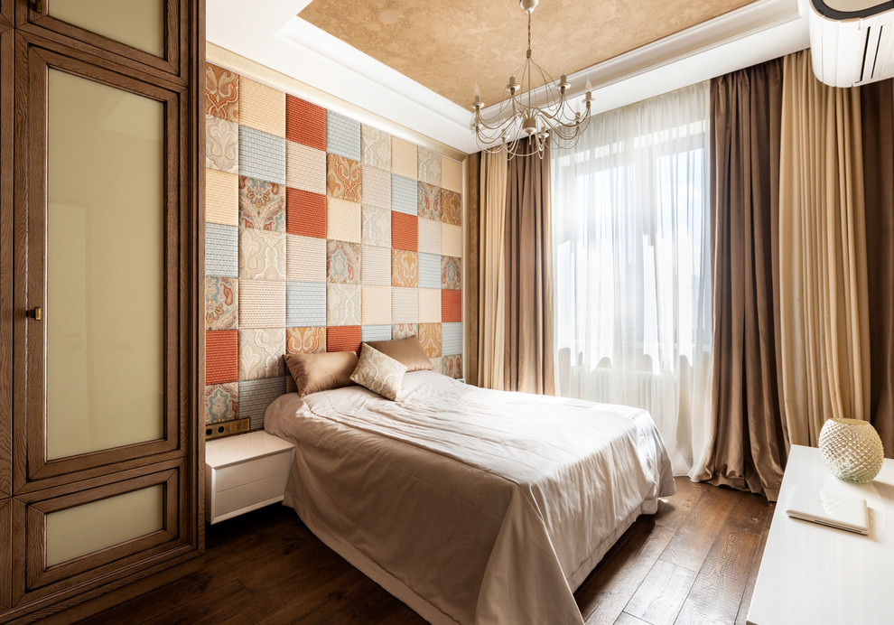 Design ideas for a medium sized urban master bedroom in Moscow with beige walls and dark hardwood flooring.