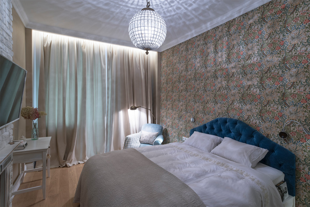Photo of a traditional bedroom in Moscow with feature lighting.