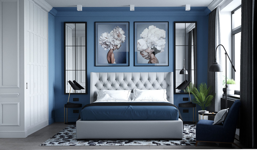 Идея дизайна: большая хозяйская спальня в стиле неоклассика (современная классика) с синими стенами, серым полом и светлым паркетным полом
