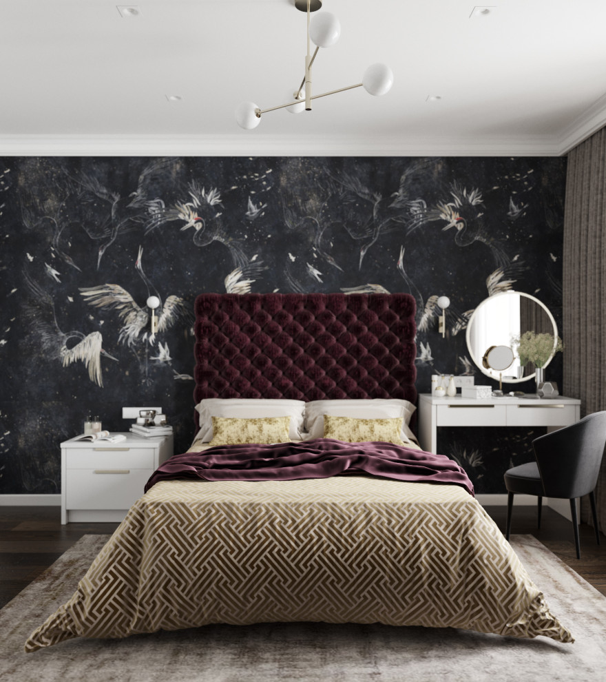 Ejemplo de dormitorio principal contemporáneo con paredes multicolor y suelo de madera en tonos medios
