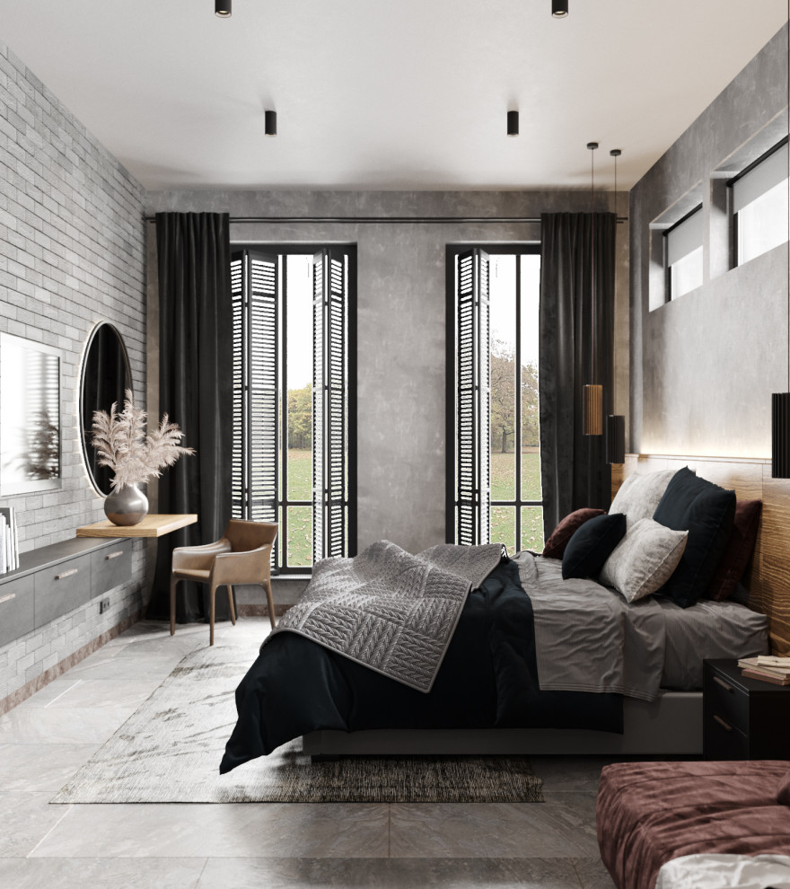 Modernes Gästezimmer mit grauer Wandfarbe und Porzellan-Bodenfliesen in Sonstige