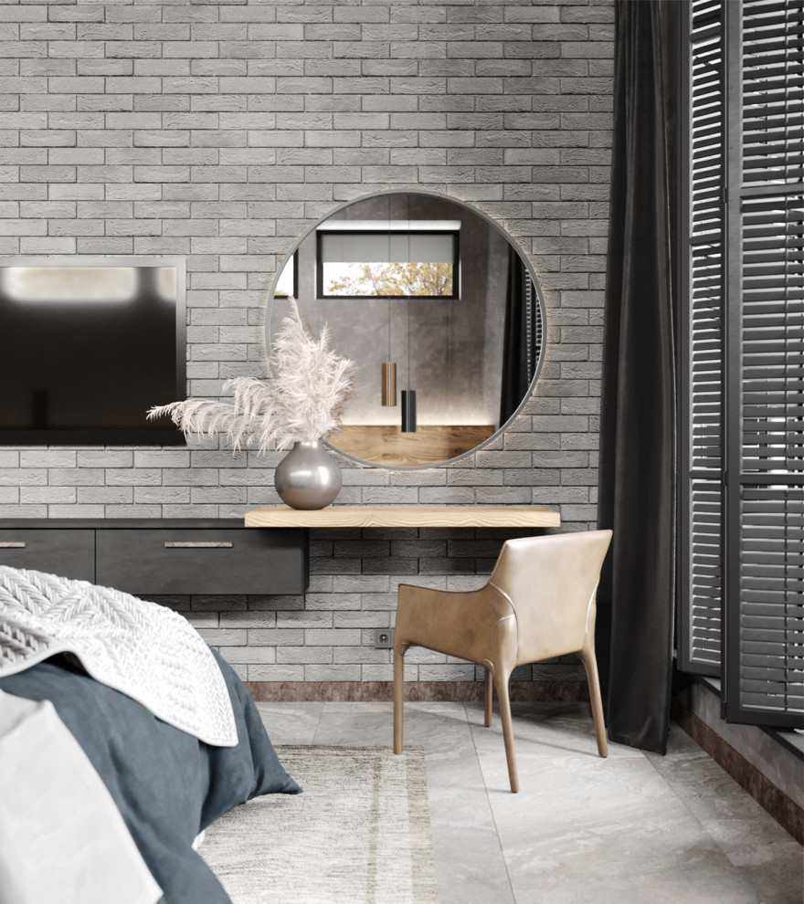 Cette image montre une chambre d'amis design avec un mur gris et un sol en carrelage de porcelaine.