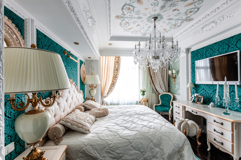 Bohemian master bedroom in Saint Petersburg with green walls.