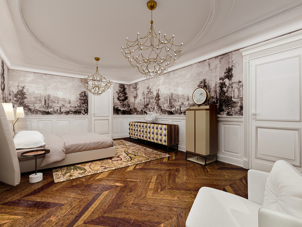 Idéer för ett stort klassiskt vardagsrum, med vita väggar och mellanmörkt trägolv