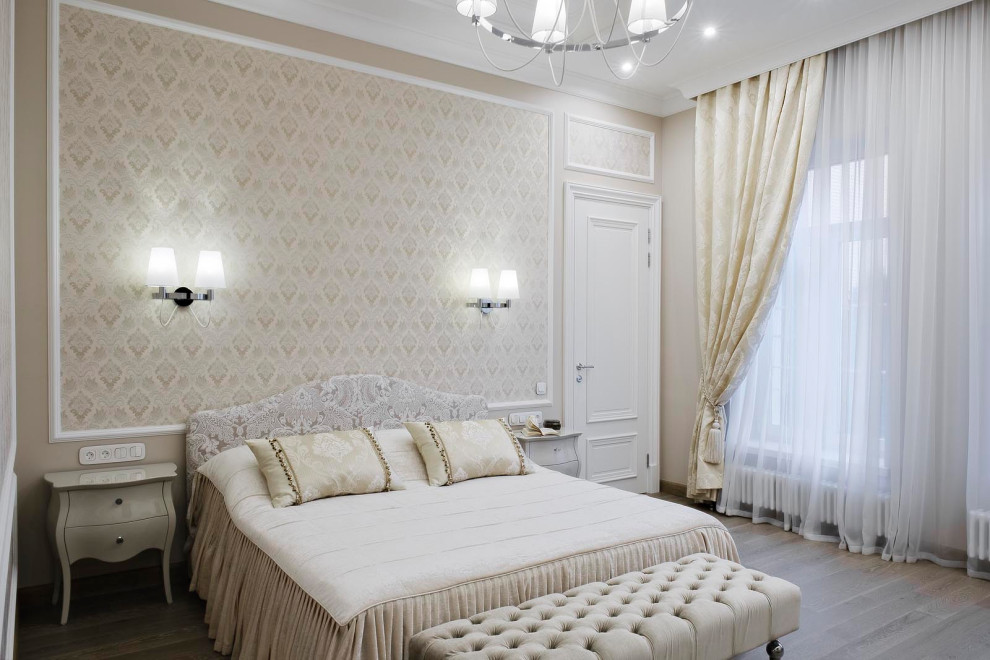 Example of a mid-sized transitional master medium tone wood floor bedroom design in Moscow with beige walls and no fireplace