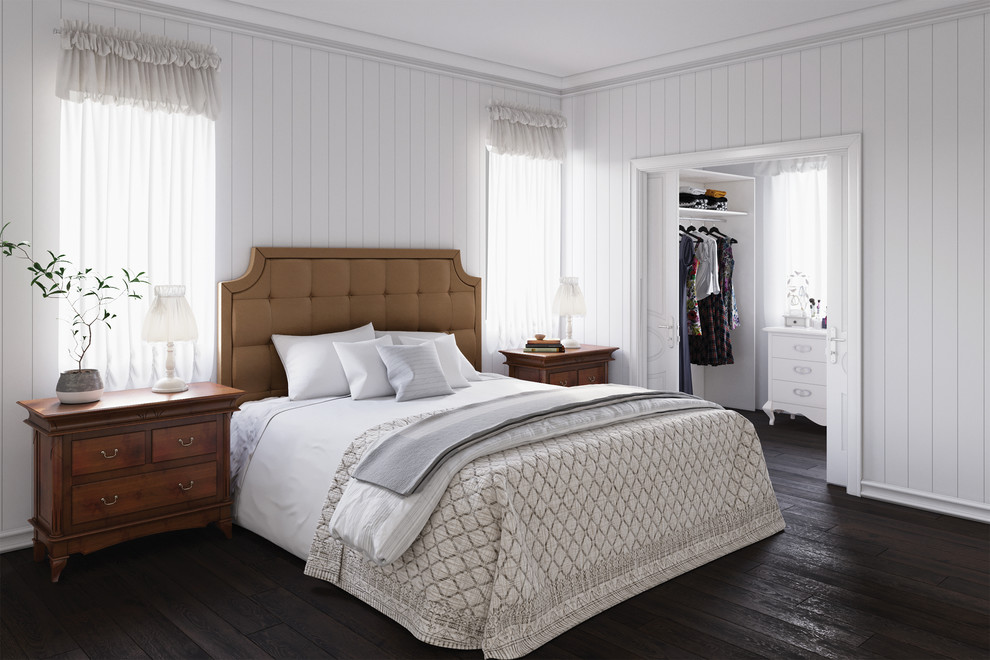 Свежая идея для дизайна: хозяйская спальня среднего размера в современном стиле с белыми стенами и темным паркетным полом без камина - отличное фото интерьера