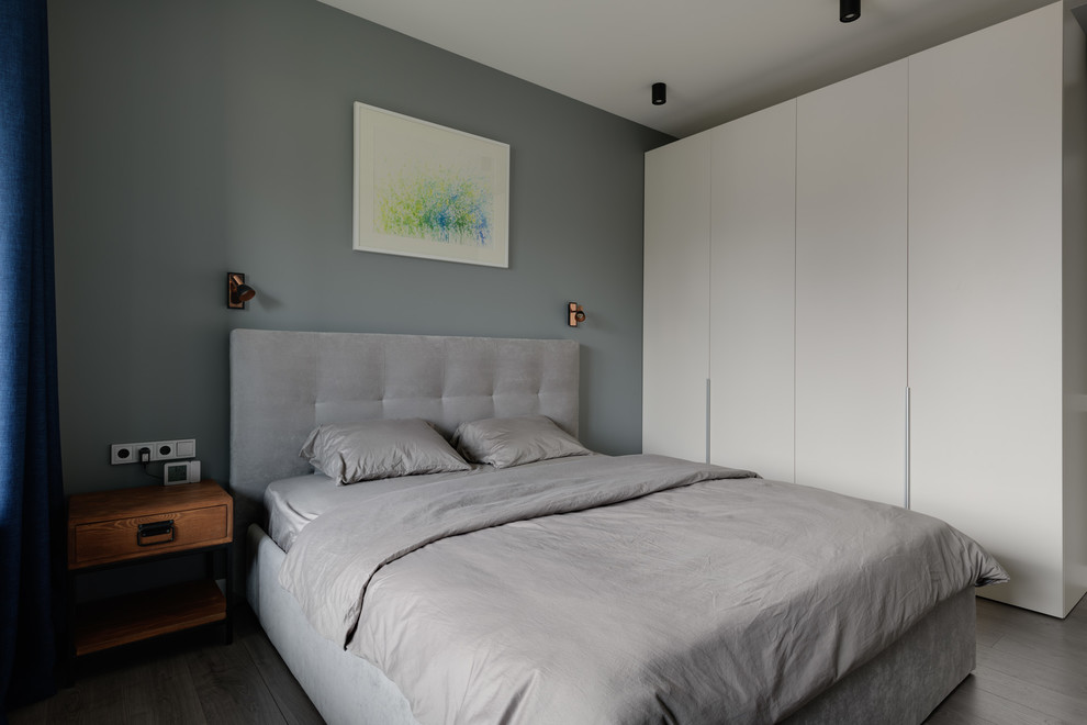 Свежая идея для дизайна: хозяйская спальня среднего размера в современном стиле с серыми стенами, полом из ламината и серым полом - отличное фото интерьера
