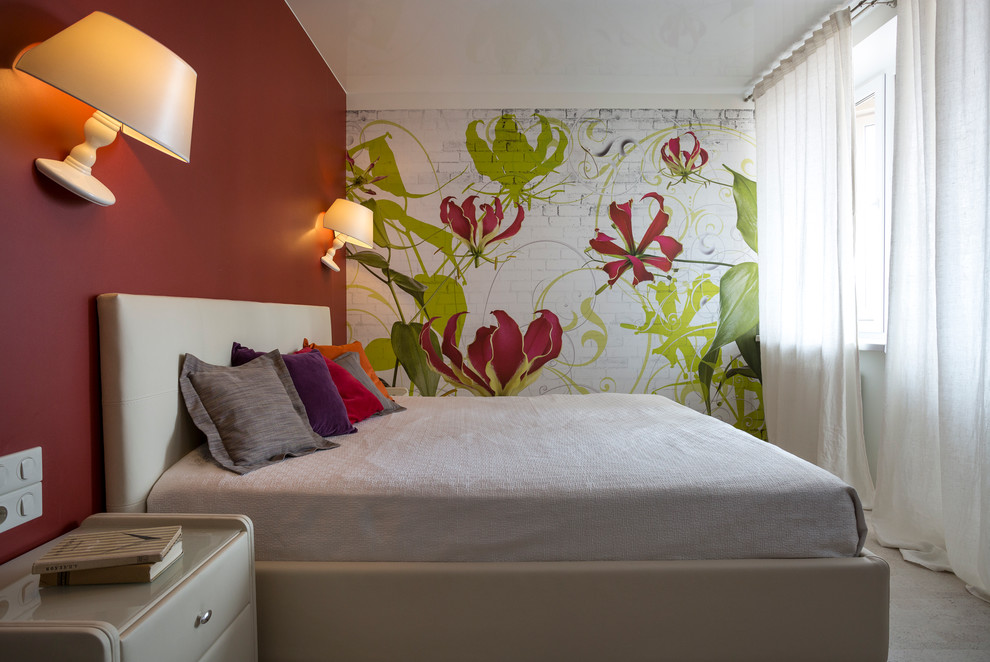 Example of a trendy master bedroom design in Moscow with multicolored walls